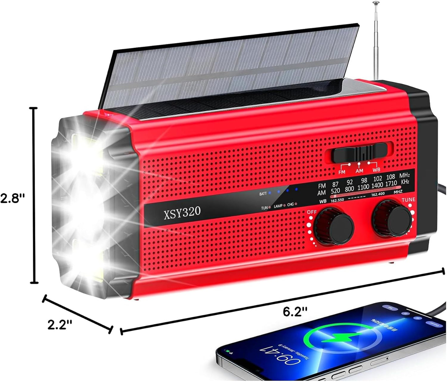 Emergency Crank Weather AM/FM Radio with 2 Solar Panels Weather Radio Portable Radio, 3 Charging Modes SOS Siren 5 ModesFlashlightCell Phone ChargerReading Light (Red)