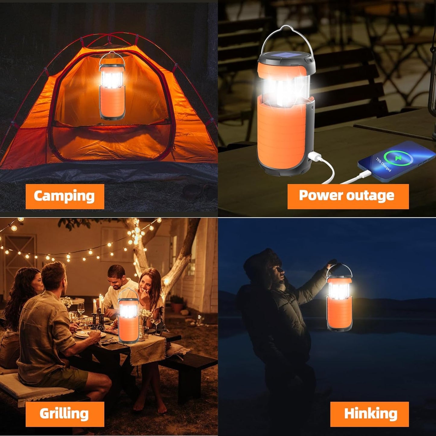 Solar Camping Lantern,Rechargeable Battery Powered Camping Lantern, 2 Lighting Modes, 5000mAh Long Battery Life, USB Charging Port, Waterproof Camping Lamp for Emergency/ Hiking/ Fishing