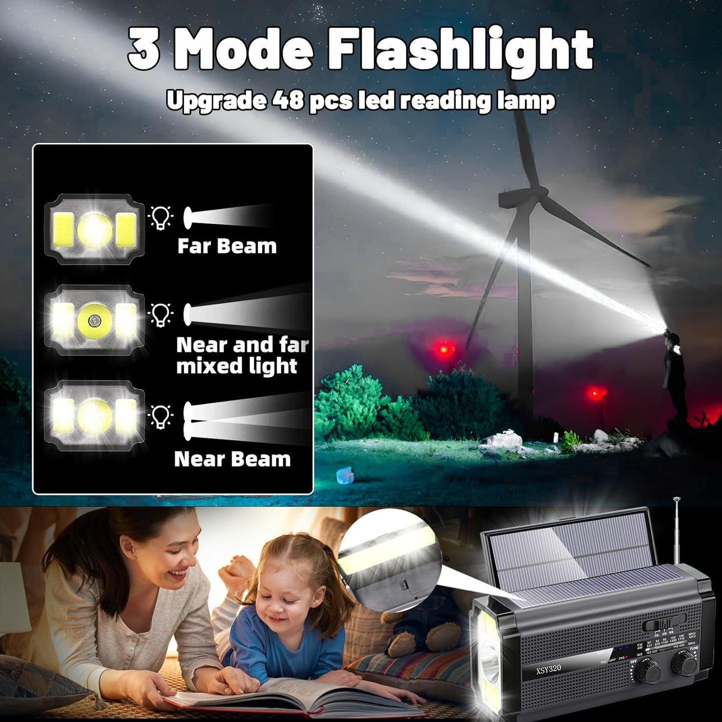 Emergency Crank Weather AM/FM Radio with 2 Solar Panels 5 Charging Modes NOAA Weather Scan 3 Modes Flashlight Cell Phone Charger SOS Alarms for Home Outdoor (Gray)