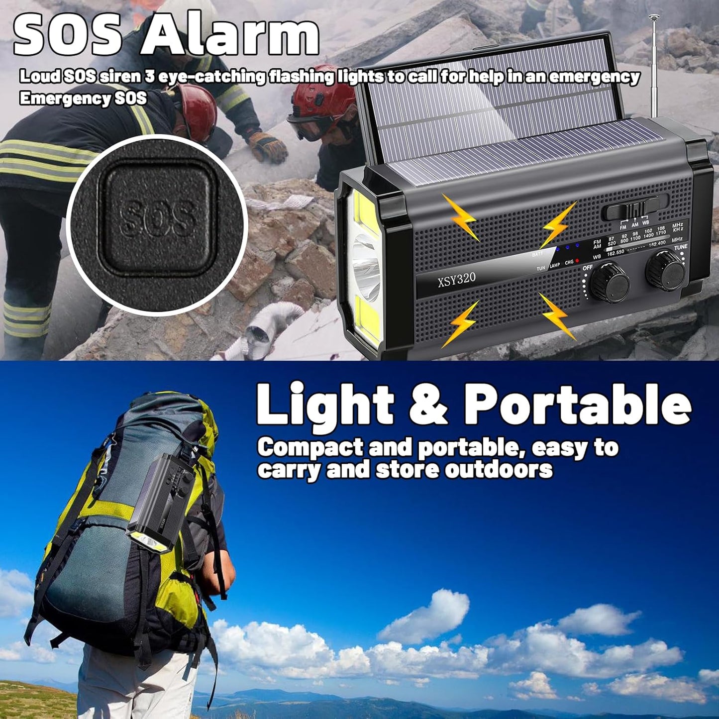 Emergency Crank Weather AM/FM Radio with 2 Solar Panels 5 Charging Modes NOAA Weather Scan 3 Modes Flashlight Cell Phone Charger SOS Alarms for Home Outdoor (Gray)