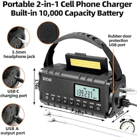 Upgraded 37000mWh Emergency Hand Crank Radio AM/FM with LED Flashlight Solar Radio, Portable Weather Radio, Emergency Cell Phone Charger for Family Outdoor Camping and Emergency Rescue Us