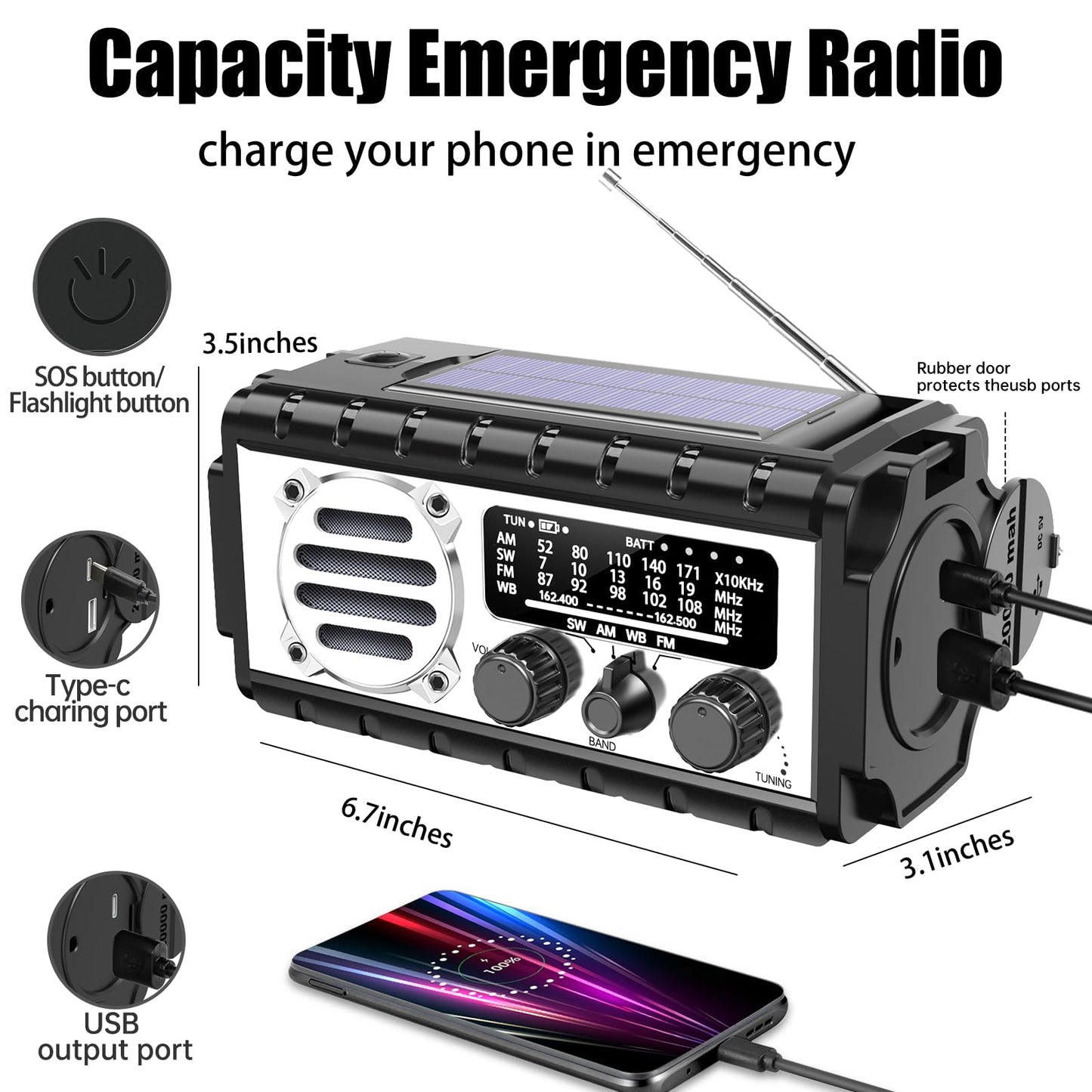 QAUYYW Emergency Radio, 20000mAh/74000mWh Weather Radio, Solar Hand Crank Radio with AM/FM/NOAA/SW Weather Alert,Flashlight & Reading Lamp, SOS Alarm, Phone Charger for Indoor Outdoor Emergency