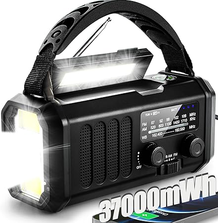 QAUYYW10000mAh/37000mWh Emergency Hand Crank Radio AM/FM with LED Flashlight Solar Radio, Portable Weather Radio, Emergency Cell Phone Charger for Family Outdoor Camping and Emergency Rescue Us