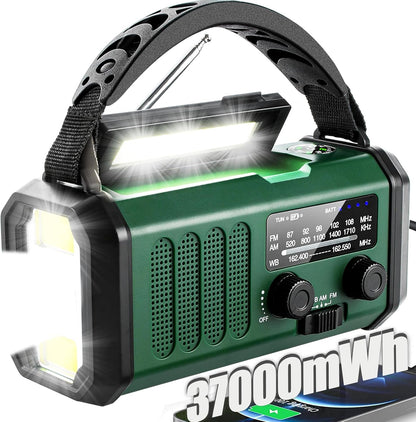 Hand Crank Emergency Radio,37000mWhSolar Powered Hand Crank Portable Radio,NOAA AM FM Weather Radio with 3Mode Flashlight and Reading Light,Cell Phone Charger,Home and Emergency Distress Signal