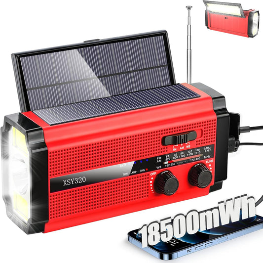 Emergency Crank Weather AM/FM Radio with 2 Solar Panels Weather Radio Portable Radio, 3 Charging Modes SOS Siren 5 ModesFlashlightCell Phone ChargerReading Light (Red)