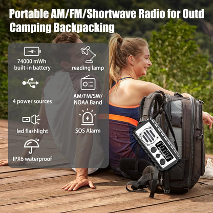 QAUYYW Emergency Radio, 20000mAh/74000mWh Weather Radio, Solar Hand Crank Radio with AM/FM/NOAA/SW Weather Alert,Flashlight & Reading Lamp, SOS Alarm, Phone Charger for Indoor Outdoor Emergency